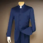 Slim Fit Men's Suits With Satin Stand Collar Navy Blue Wedding Groom Tuxedo For Prom 2 Pcs Male Fashion Suit Jacket Pants