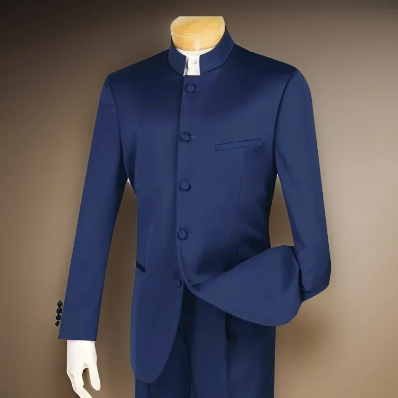 Slim Fit Men's Suits With Satin Stand Collar Navy Blue Wedding Groom Tuxedo For Prom 2 Pcs Male Fashion Suit Jacket Pants
