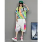 Youthful Stylish Women Summer Outfit Color-blocked Graffiti Hooded T-shirt + Hand-painted Wide-leg Cropped Pant ZF2031