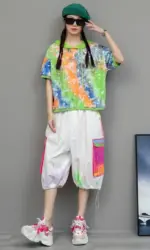 Youthful Stylish Women Summer Outfit Color-blocked Graffiti Hooded T-shirt + Hand-painted Wide-leg Cropped Pant ZF2031