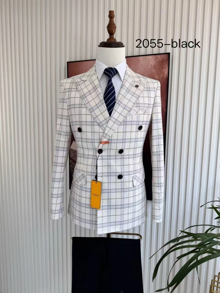 Classic Handsome Plaid Suit Set 2 Pieces For Men Business Outfit Double Breasted Men's Slim Fit Suits Wedding Groom Sets - Image 4