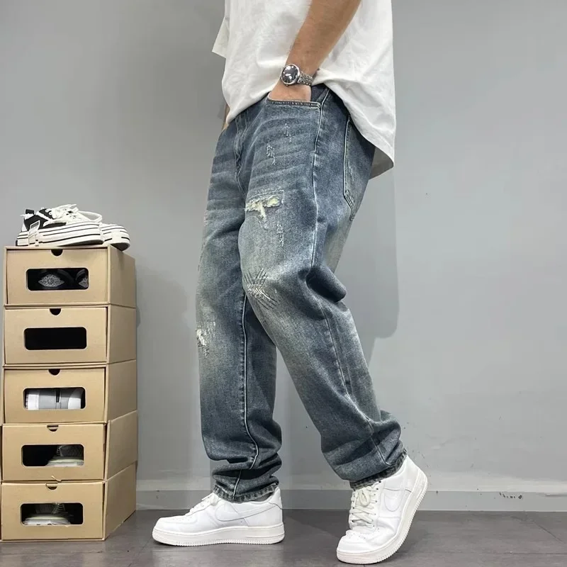 2025Heavy Duty Washed and Scraped Denim Men's Trendy High-end Embroidered Printed Loose Tapered Straight Leg Jeans - Image 2