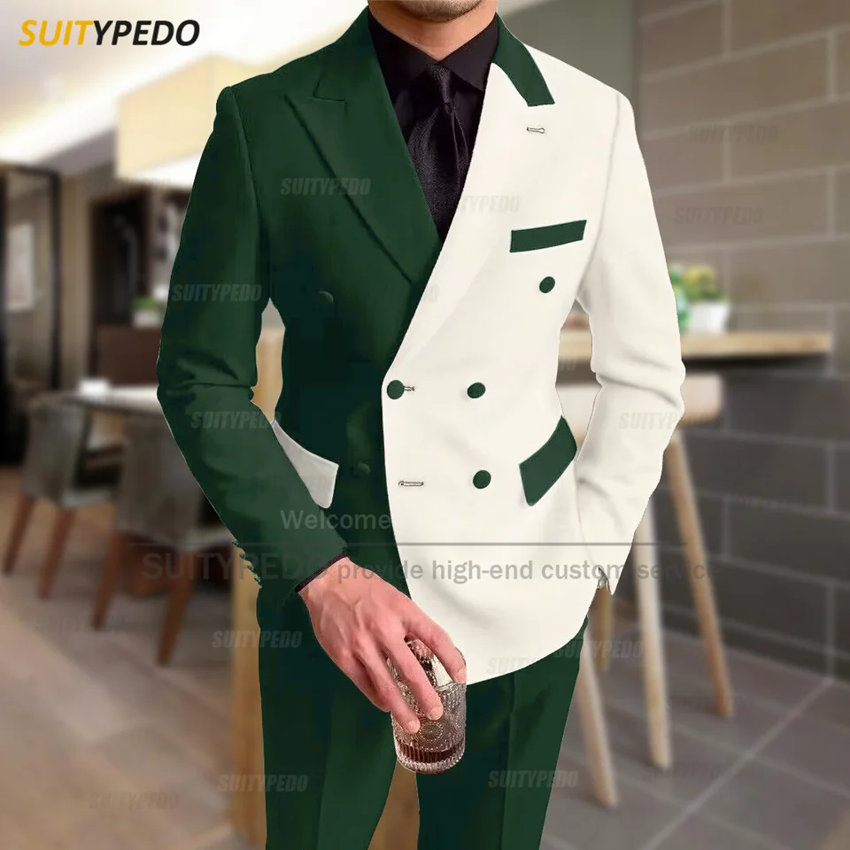 Fashion Black Ivory Splicing Men Suit Casual Party Classic Double Breasted Jacket Evening Dinner Elegant Blazer Pants Outfits - Image 3