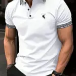 The new men's short-sleeved POLO shirt for summer 2025 features a casual fashionable and comfortable 3D striped pattern print