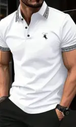 The new men's short-sleeved POLO shirt for summer 2025 features a casual fashionable and comfortable 3D striped pattern print