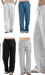 Men's Cotton Linen Pants Summer Solid Color Breathable Linen Trousers Male Casual Elastic Waist Fitness Pants