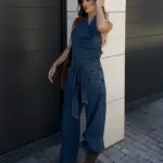 Women's Blue Denim Halter Jumpsuit Cute Fashion Loose Fit Belted Denim Halter Overalls 2026 Lady Summer Cozy Weekend Outfits