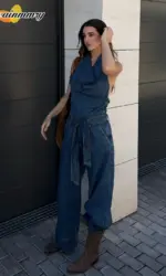 Women's Blue Denim Halter Jumpsuit Cute Fashion Loose Fit Belted Denim Halter Overalls 2026 Lady Summer Cozy Weekend Outfits