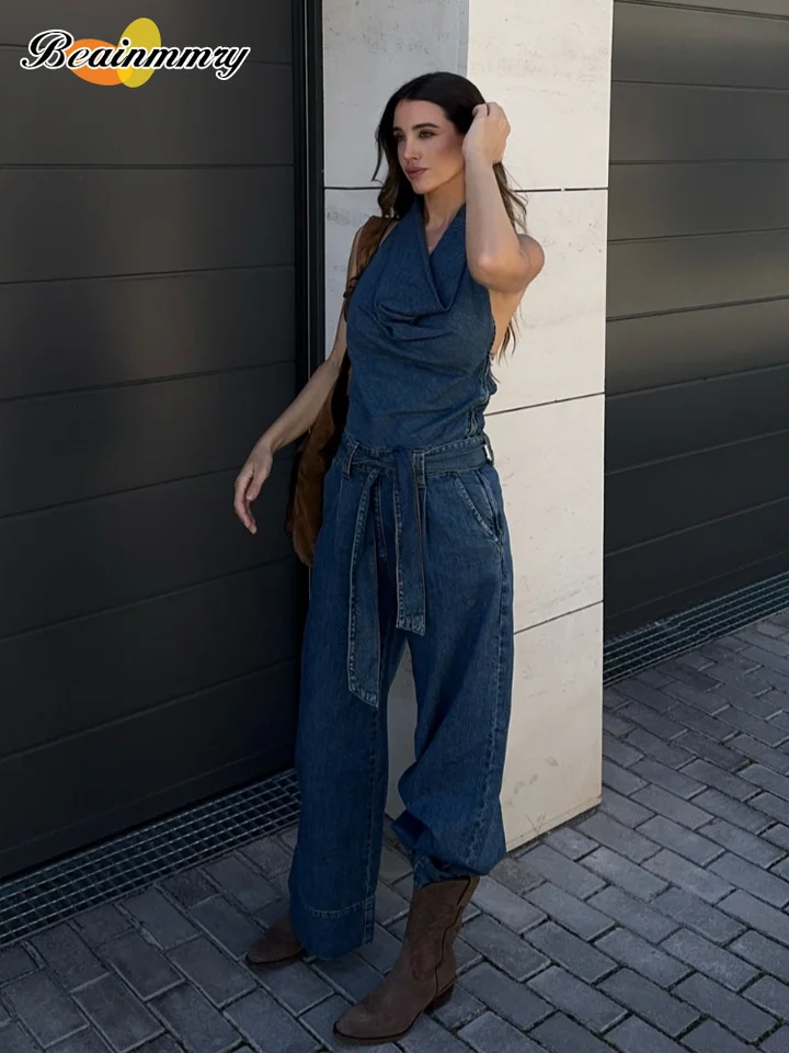 Women's Blue Denim Halter Jumpsuit Cute Fashion Loose Fit Belted Denim Halter Overalls 2026 Lady Summer Cozy Weekend Outfits