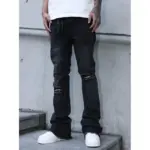 Men's American-style vintage ripped knee jeans, high-street straight-leg pants, slight flare jeans, suitable for all seasons