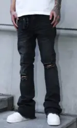 Men's American-style vintage ripped knee jeans, high-street straight-leg pants, slight flare jeans, suitable for all seasons
