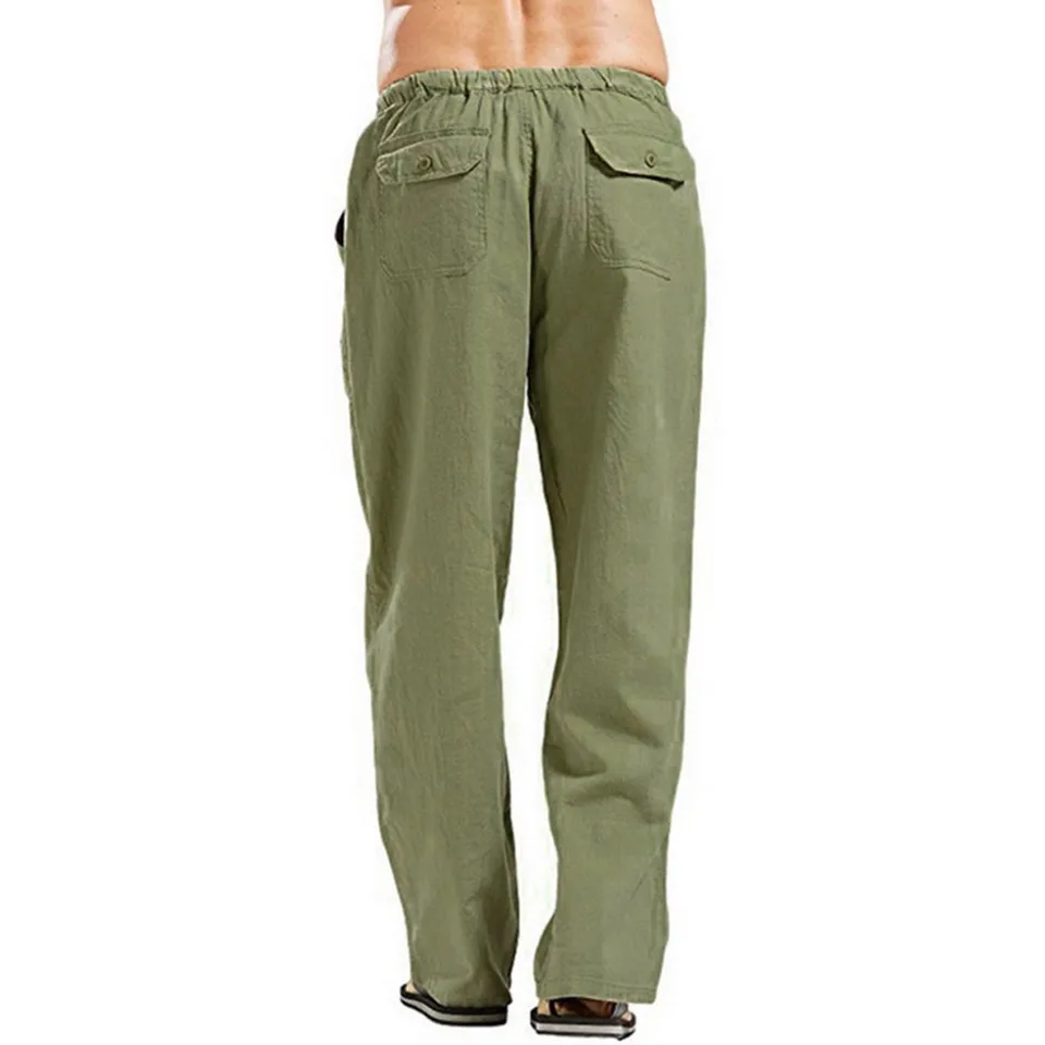 Men's Cotton Linen Pants Summer Solid Color Breathable Linen Trousers Male Casual Elastic Waist Fitness Pants - Image 4