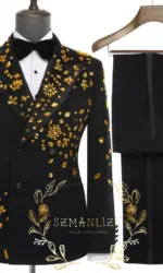Luxury Gold Crystal 2 Pieces Men's Suits Double Breasted Black Suits Tuxedo Blazer for Wedding Groom Business Dinner Party Suits