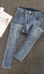 VWBQNZ Nailed Bead Jeans Women Spring/Summer New Versatile Hole Breaking Elastic Skinny Pencil Pants Female Casual Denim Pants