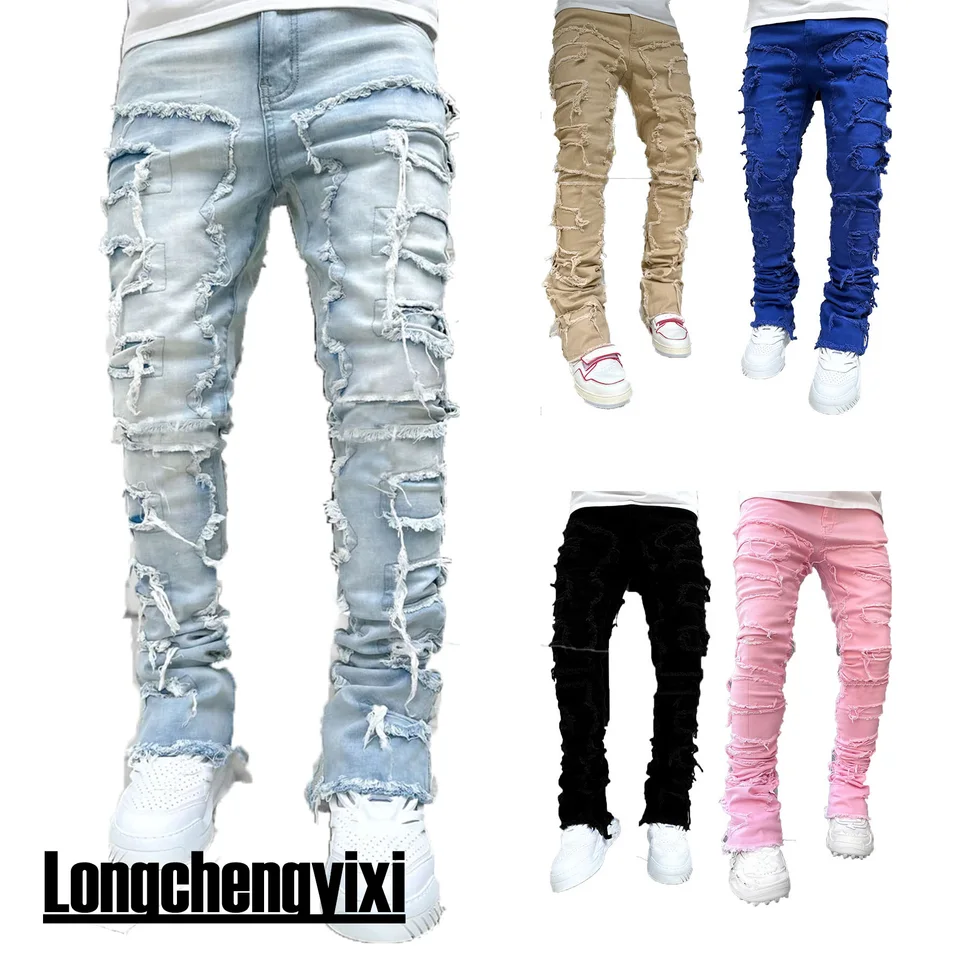 new Patch denim straight-leg pants retro jeans street fashion ins explosive style elastic new men's fashion retro denim trousers - Image 4
