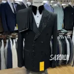 Charming Black Peak Lapel Men's Suit Customized Hot Sale Double Breasted Formal Perform Elegant Crystals Jacket Pants Groom Wear