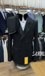 Charming Black Peak Lapel Men's Suit Customized Hot Sale Double Breasted Formal Perform Elegant Crystals Jacket Pants Groom Wear
