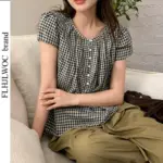 Cotton Tops Blouses Cute Sweet Girls Japanese Style FLHJLWOC Summer Short Sleeve Retro Vintage Casual Plaid Shirts