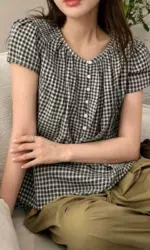 Cotton Tops Blouses Cute Sweet Girls Japanese Style FLHJLWOC Summer Short Sleeve Retro Vintage Casual Plaid Shirts