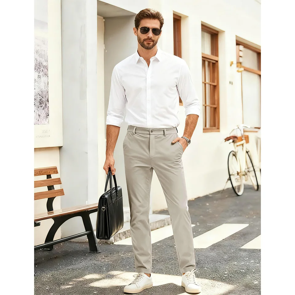 MAGCOMSEN Men's Waterproof Golf Pants Stretch Elastic Waist Oil & Stain Resistant Casual Business Trousers with Zipper Pockets - Image 2