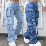 High Waist Multi Pocket Jeans Women 2025 New  Fashionable Solid Color Versatile Large Size Cargo Pants