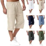 Summer Men's Casual Shorts Cotton Blended Long Elastic Waist Loose Pocket Drawstring 3/4 Length Shorts Daily Street Wear
