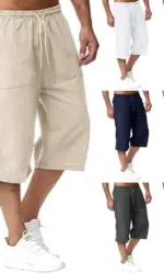 Summer Men's Casual Shorts Cotton Blended Long Elastic Waist Loose Pocket Drawstring 3/4 Length Shorts Daily Street Wear