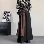 Mens Double Layer Chinese Calligraphy Splicing Irregular Culottes 2024 New Genderless Waist Strap Loose Wide Leg Pants Unisex