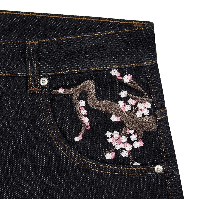 Y2K Harajuku jeans Goth vintage plum blossom embroidery pattern wide leg pants men women denim fabric American style street wear - Image 4