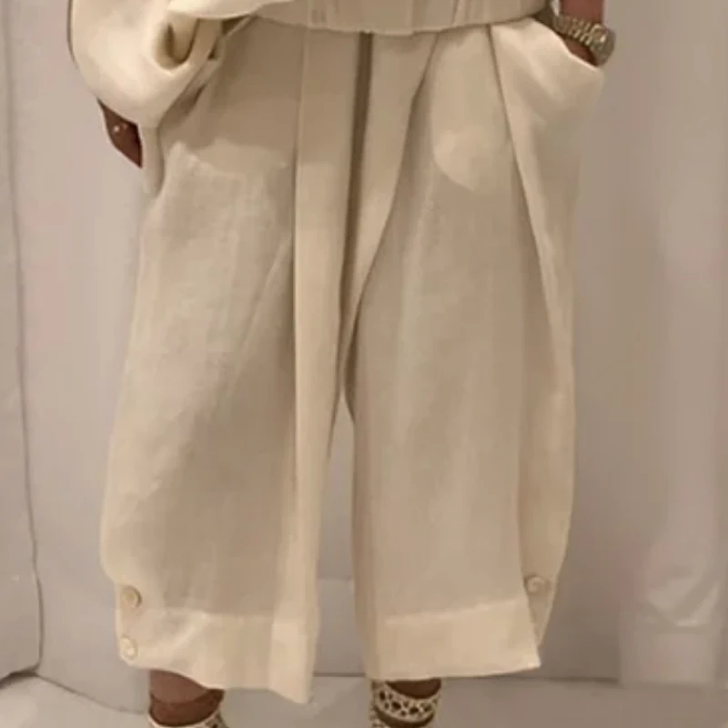 Fashion Women's Pants&Tops Wide Leg Buttoned Casual Bottoms Trousers Hollow Solid Color Irregularity Loose Cold shoulder Blouse - Image 3