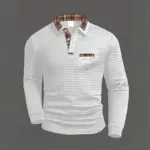 Men's casual polka dot jacquard solid color long-sleeved polo shirt, plaid patchwork collared pocket top, casual business style.