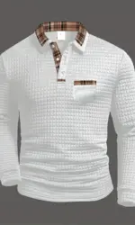 Men's casual polka dot jacquard solid color long-sleeved polo shirt, plaid patchwork collared pocket top, casual business style.