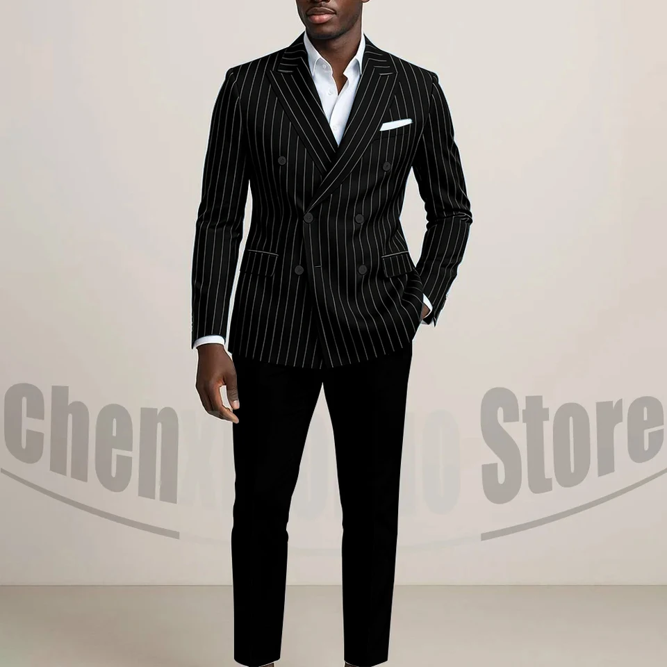 Men's Double Breasted Suit with Pinstripes Fashion Tailored Fit Formal Outfits for Business Casual Party Chic Male Suit 2 Piece - Image 4