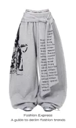 ZHIZOU Women Gray Gothic Baggy Y2k Letter Print Pants Harajuku 2000s Vintage Oversize Sweatpants Wide Leg Trousers Autumn 2025
