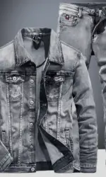 Spring Autumn Denim Suit Men's Slim Micro-stretch Two-piece Spring and Autumn Jacket Jeans