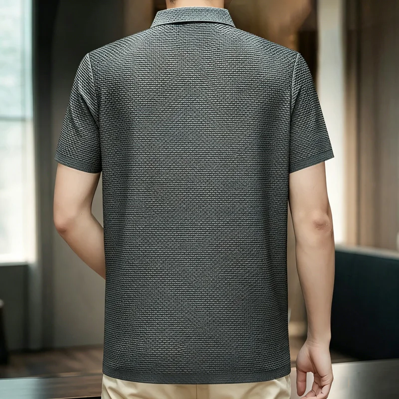 Men's Summer Ice Silk Nylon Bubble Grid Polo Shirt Short Sleeve Button Placket Breathable Hight Stretchy Casual Business Tops - Image 3