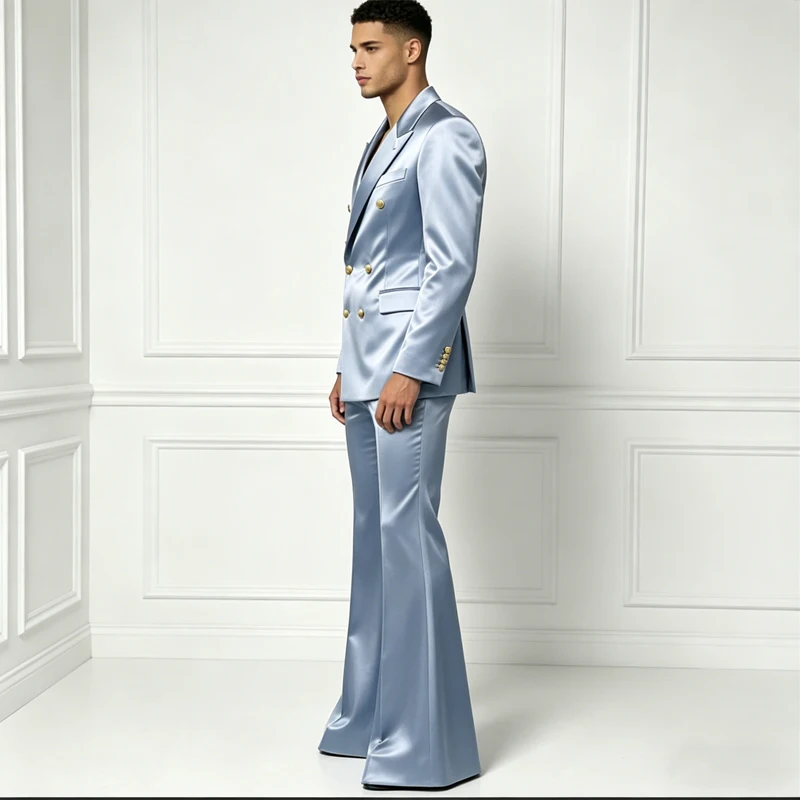Men's Satin Suit Set 2 Piece Notch Lapel Double Breasted Gold Button Blazer Flare Pants Formal Wedding Prom Party Groom Outfit - Image 2