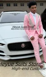 Fashion Pink Rhinestone Groom Wedding Tuxedos Slim Fit Notched Lapel Men Suits 2 Pieces Sets Handsome Male Blazers Ropa Hombre