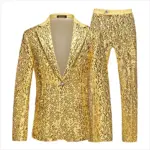 Golden men's two-piece suit, silver wedding party formal jacket paired with matching pants, European size XXXS-XXL.