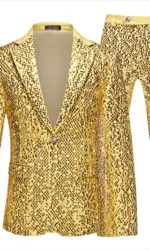 Golden men's two-piece suit, silver wedding party formal jacket paired with matching pants, European size XXXS-XXL.