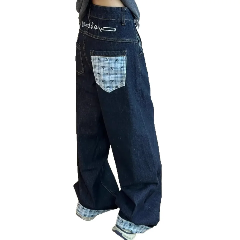 High Waist Wide Leg A- Line Denim Jeans Women's Slimming Drapey Plaid Patchwork Butterfly Knot Straight Cut High Waist Jeans - Image 5