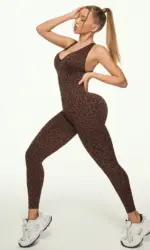 Leopard Print Jumpsuit For Women Yoga Workout Gym Bodysuit Brown