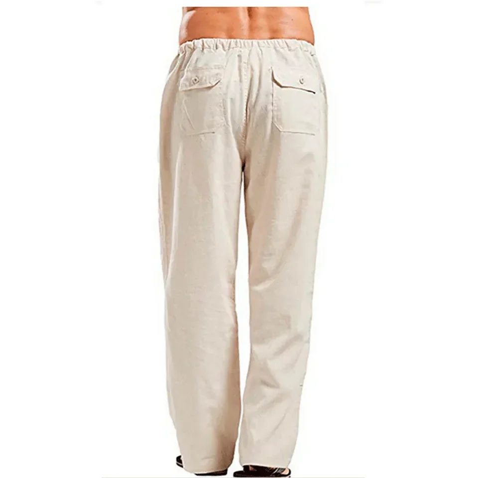 Men's Cotton Linen Pants Summer Solid Color Breathable Linen Trousers Male Casual Elastic Waist Fitness Pants - Image 3
