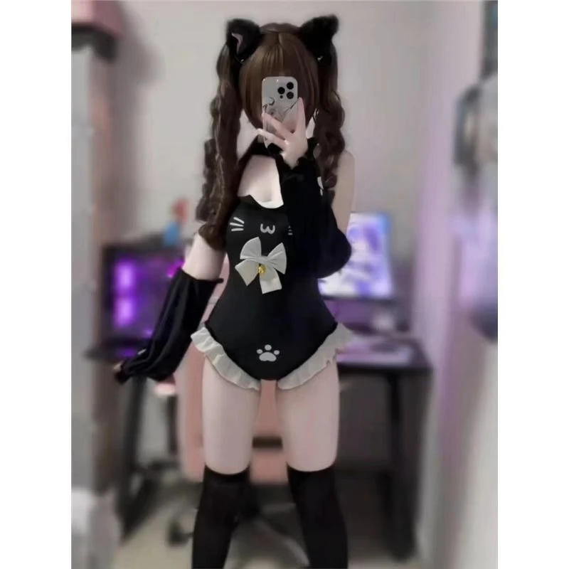 Japanese Cat Kawaii One-Piece With Bell & Bow + Arm Sleeve Cute Halter Top Bodycon Sexy Hot Girl Lace Trim Set Spring Summer - Image 3