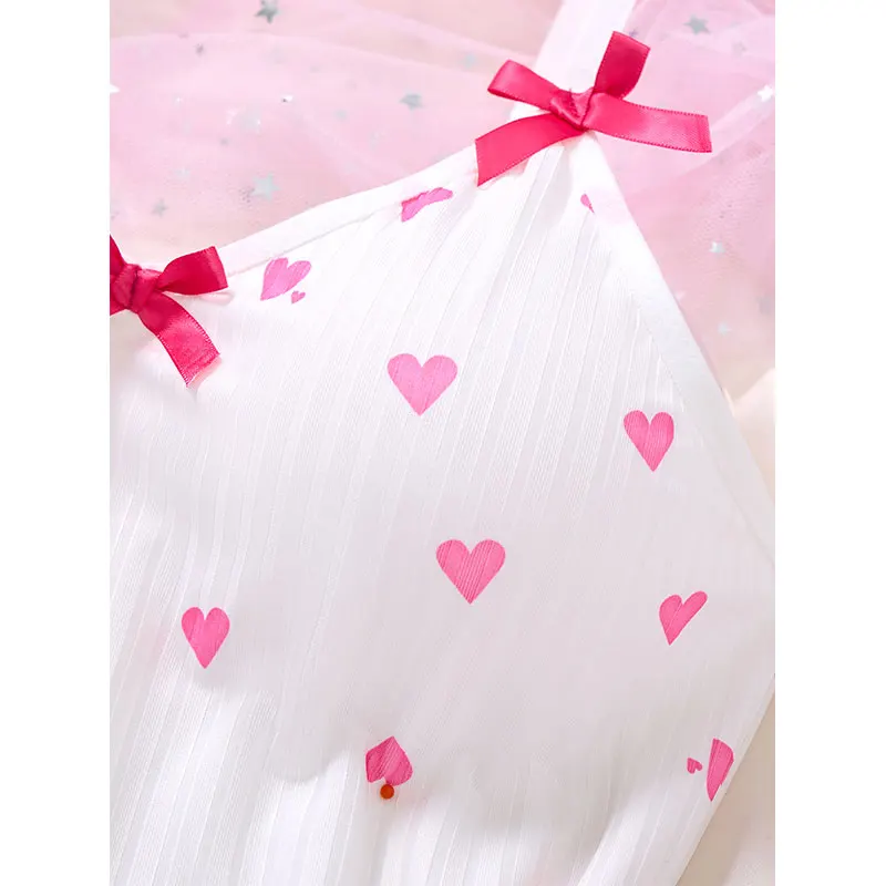 1 Set Of V-neck Women's Lingerie Sexy Suit Soft Bra Nightgown With Thong Intimates Underwear Heart Print Bras Briefs Night Dress - Image 4