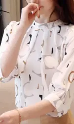 Fashion Women's Clothing Summer Printed Chiffon Blouse Casual Puff Half Sleeve Office Shirt Korean Stand Collar Tops Blusas 2480