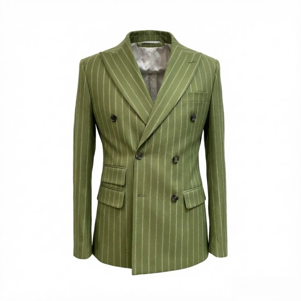 Double Breasted Striped Men Suits Men Vintage Sage Green Double Breasted Pinstripe Suit Slim Fit Formal Blazer for Groom Wedding - Image 6