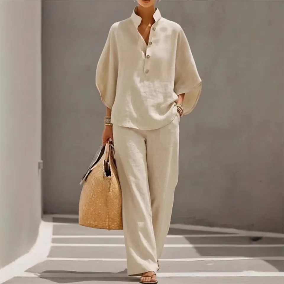 Fashion Cotton Linen Button Stand Collar 9 Quarter Sleeves Loose Women's 2-piece Suit Spring Casual Wide Leg Pants Suit Female - Image 2
