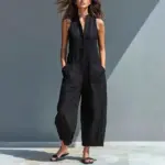 Cotton And Linen Jumpsuit Women Stand Collar Sleeveless Pocket High Waist Wide Legs Jumpsuits Casual Commuting Ladies Bodysuits