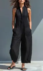 Cotton And Linen Jumpsuit Women Stand Collar Sleeveless Pocket High Waist Wide Legs Jumpsuits Casual Commuting Ladies Bodysuits
